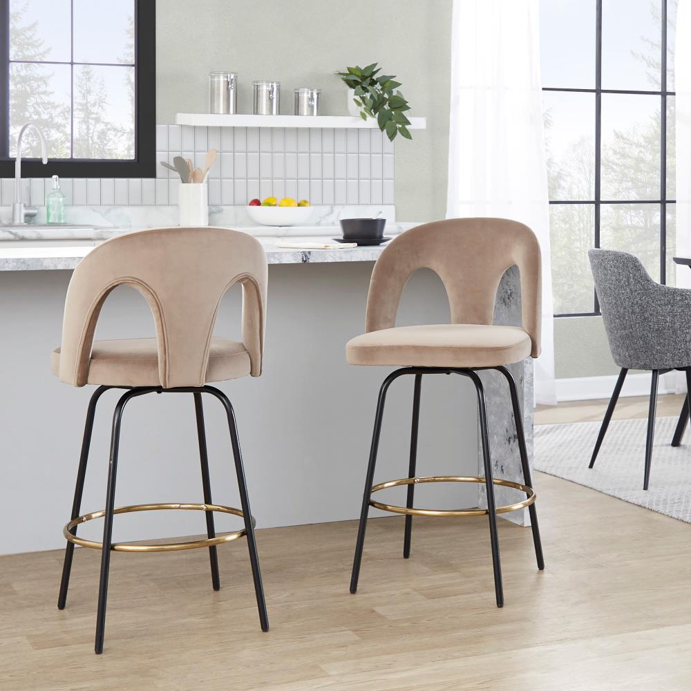 Fixed-Height Counter Stool with Swivel in Black Metal and Taupe Velvet with Round Gold Metal Footrest - Set of 2
