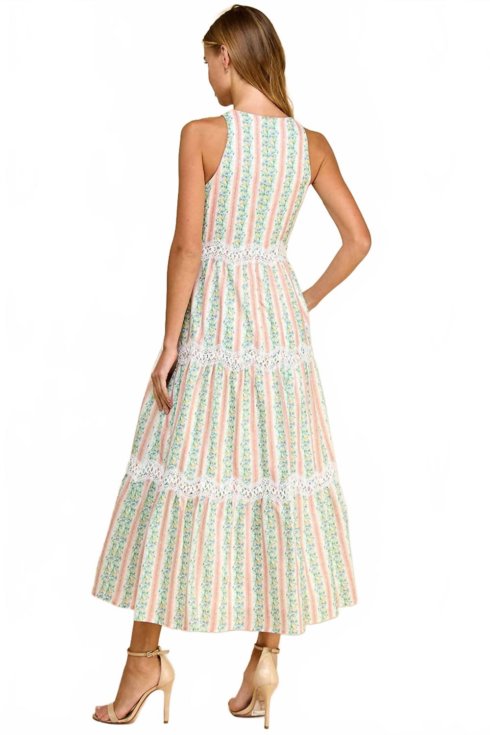 Floral Stripe Scallop Lace Midi Dress In Peach