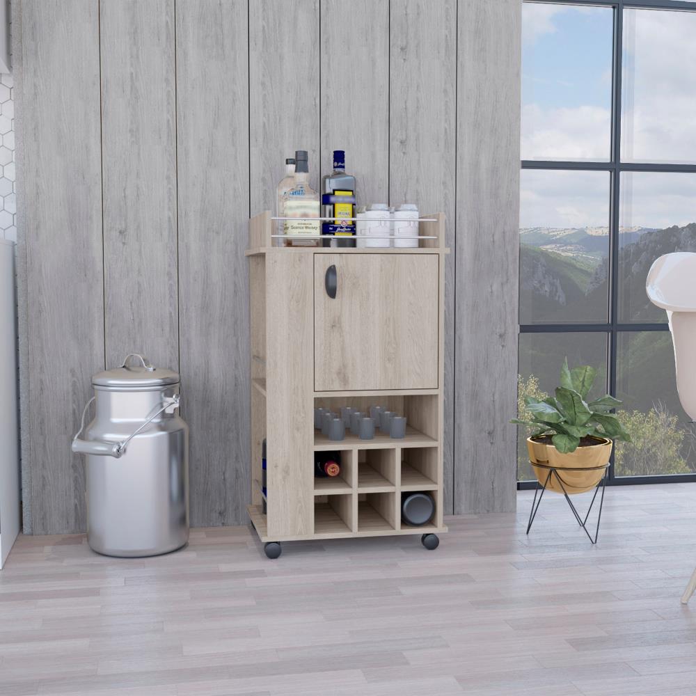 Bar Serving Cart with Six-Bottle Wine Storage and Mobility Wheels