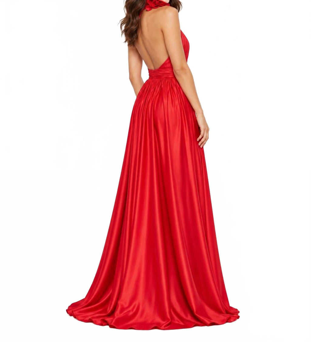 Soft Tie Halter Neck Gown In Cherry