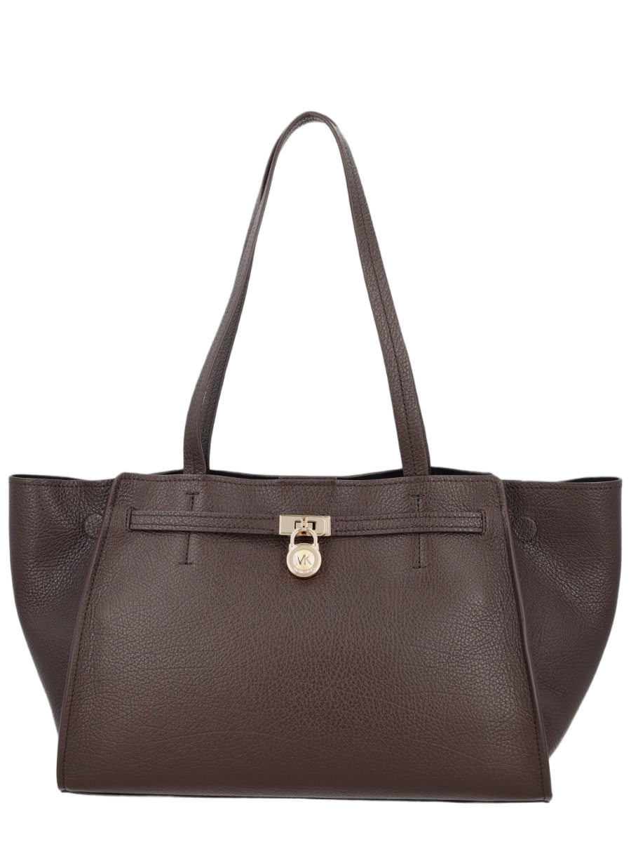Brown Gold Lock Detail Leather Handbag