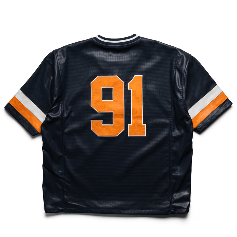 Criminal Damage Stadium Leather V Neck Top - Navy/Orange