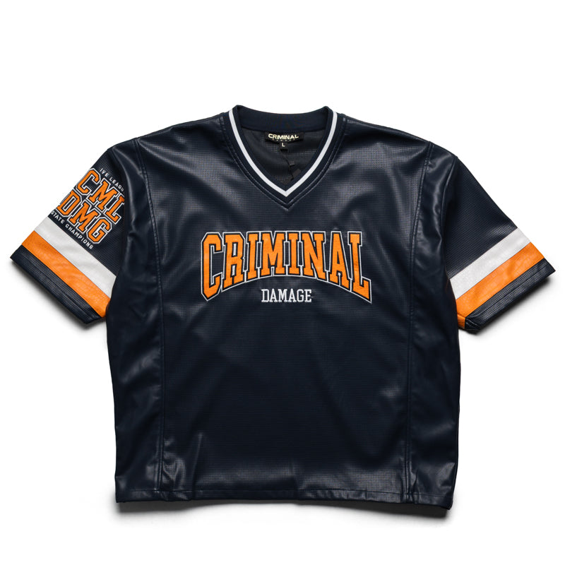 Criminal Damage Stadium Leather V Neck Top - Navy/Orange