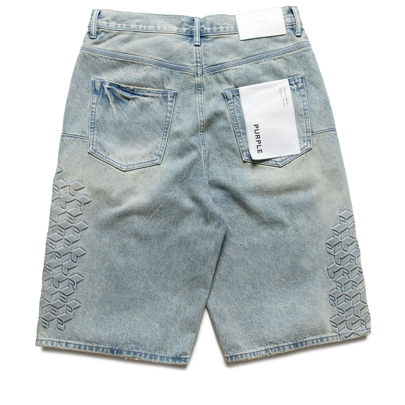 Purple Brand Monogram Embossed Denim Shorts - Light Indigo