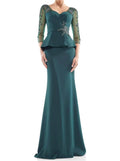 Quarter Sleeve Peplum Formal Maxi Dress In Deep Green