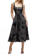 Square Neck Floral Metallic Jacquard Midi Dress In Noir Midnight Navy