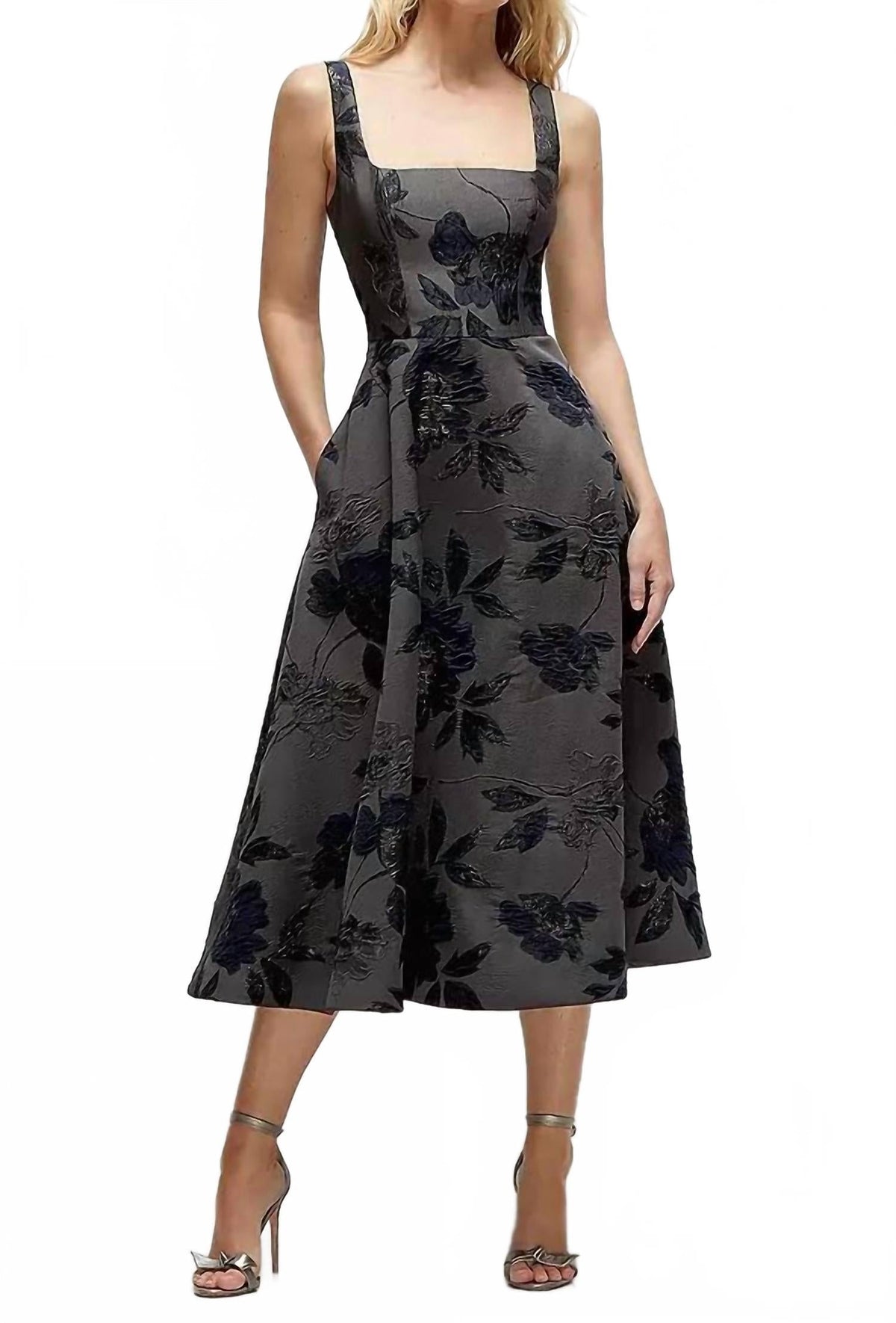 Square Neck Floral Metallic Jacquard Midi Dress In Noir Midnight Navy