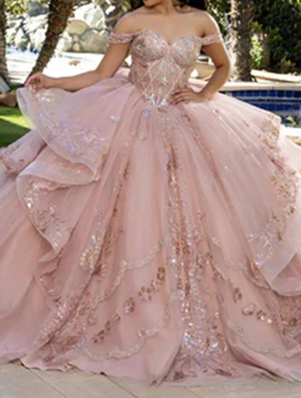 Layered Lace Off Shoulder Gown In Rosegold