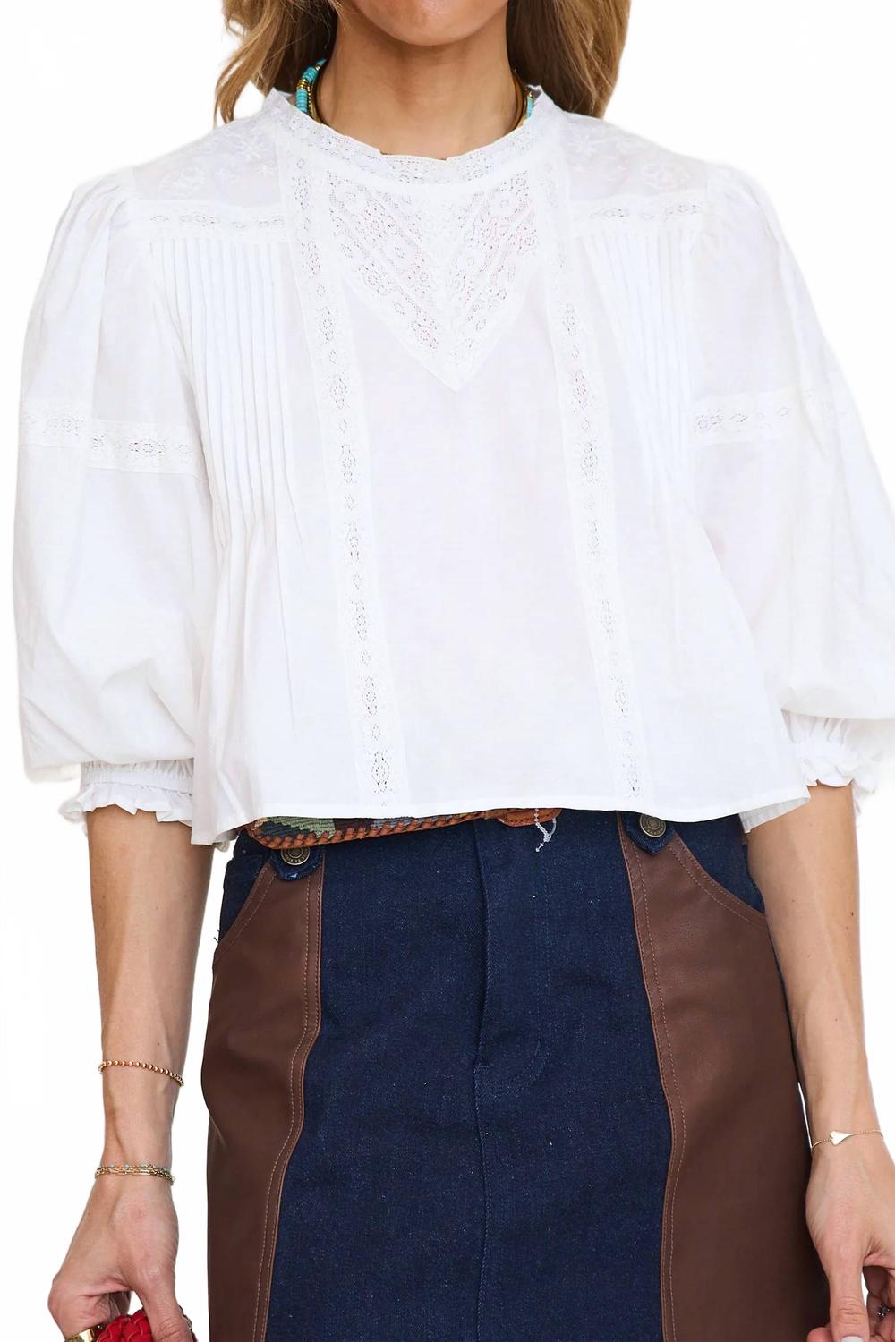 Lace Trim Pintuck Balloon Sleeve Blouse In White