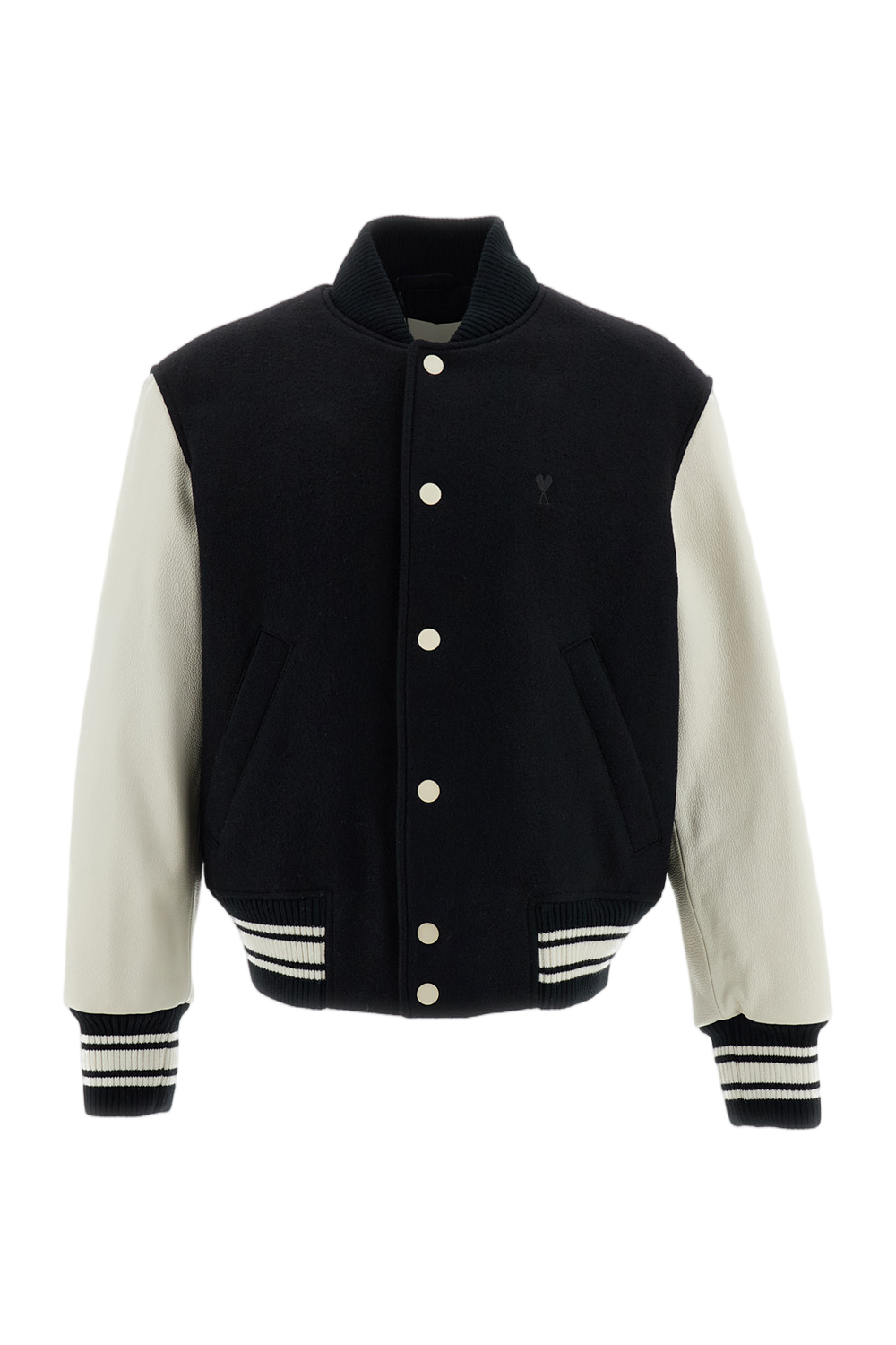 Black Padded Boiled Wool Leather Sleeve Bomber Jacket