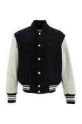 Black Padded Boiled Wool Leather Sleeve Bomber Jacket