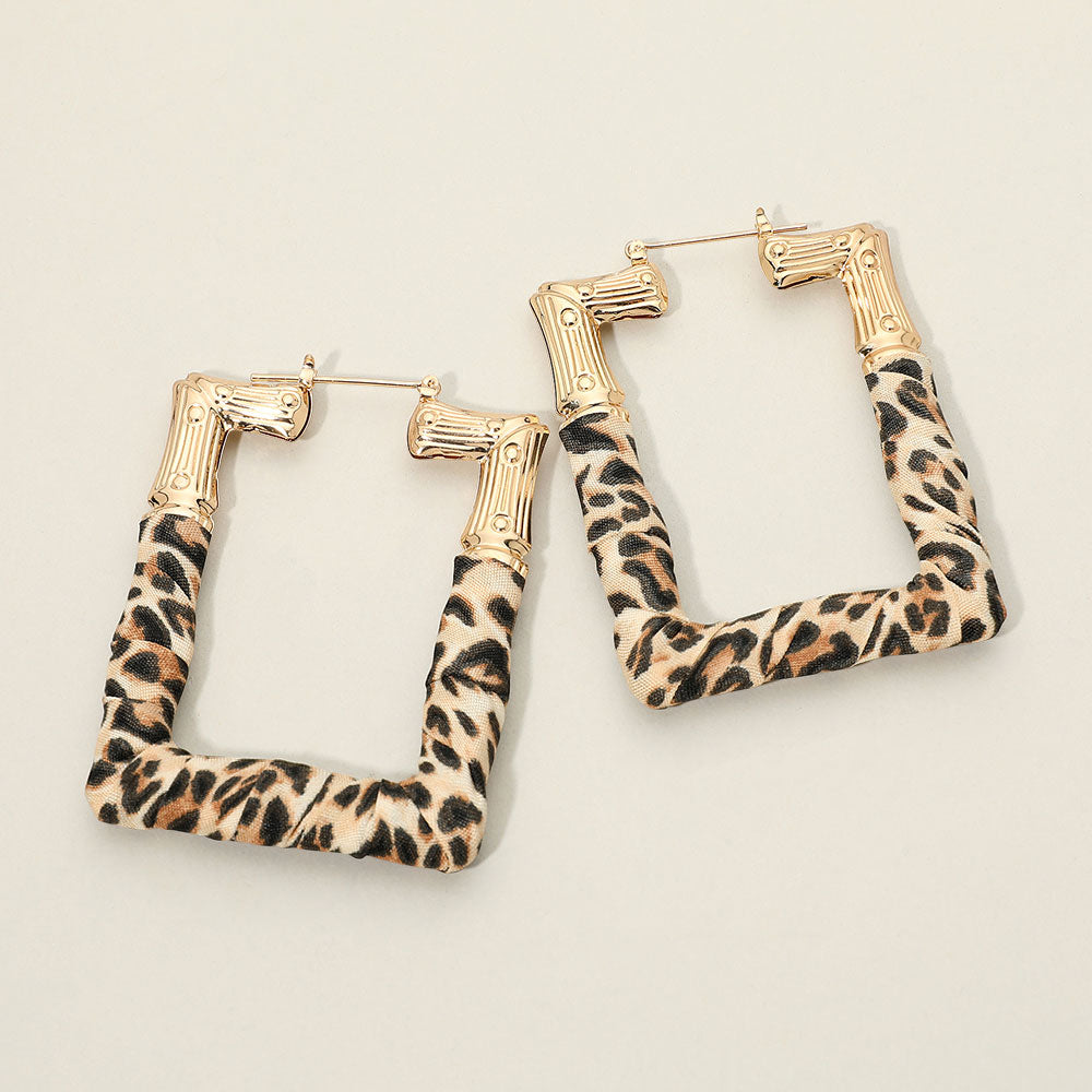 Bold Textured Leopard Print Fabric Wrapped Rectangular Pin Catch Statement Hoop Earrings