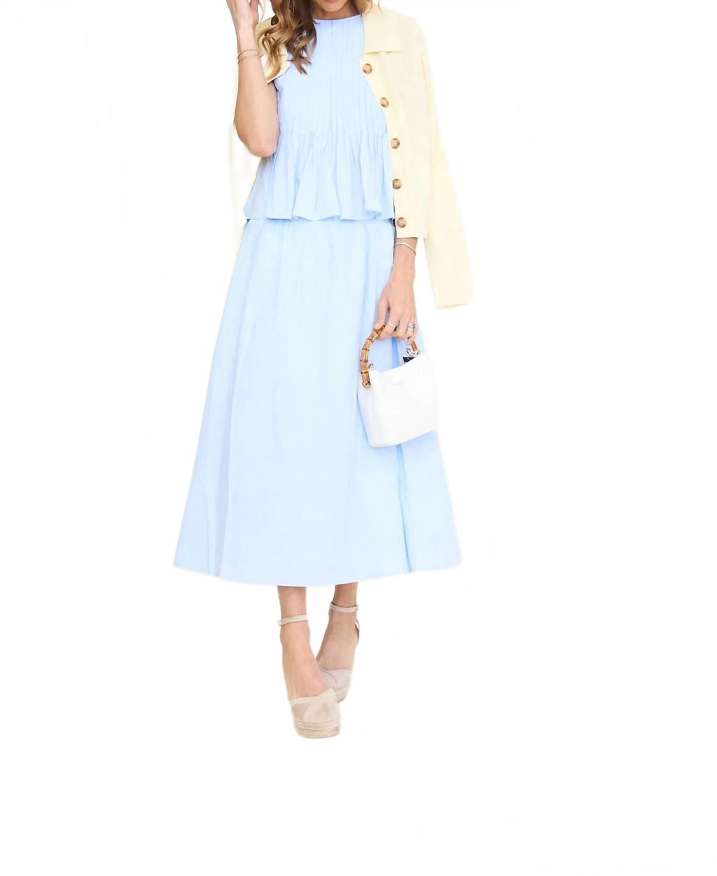 Pintucked Sleeveless Top Midi Skirt Set In Light Blue