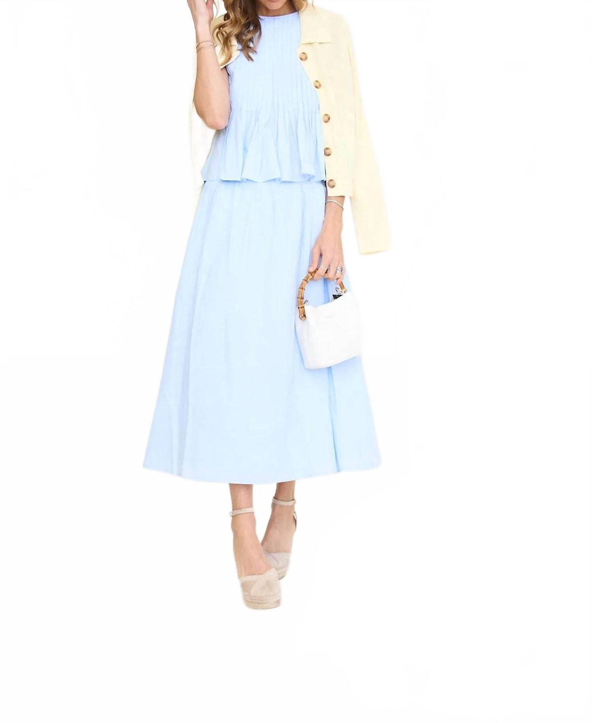 Pintucked Sleeveless Top Midi Skirt Set In Light Blue