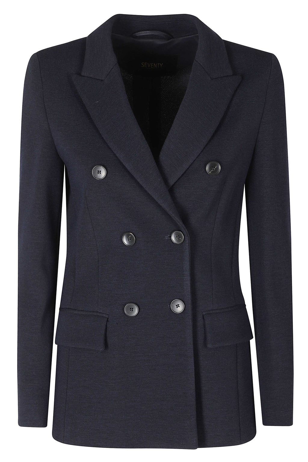 Blue Structured Double-Breasted Stretch Knit Jacket