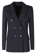 Blue Structured Double-Breasted Stretch Knit Jacket