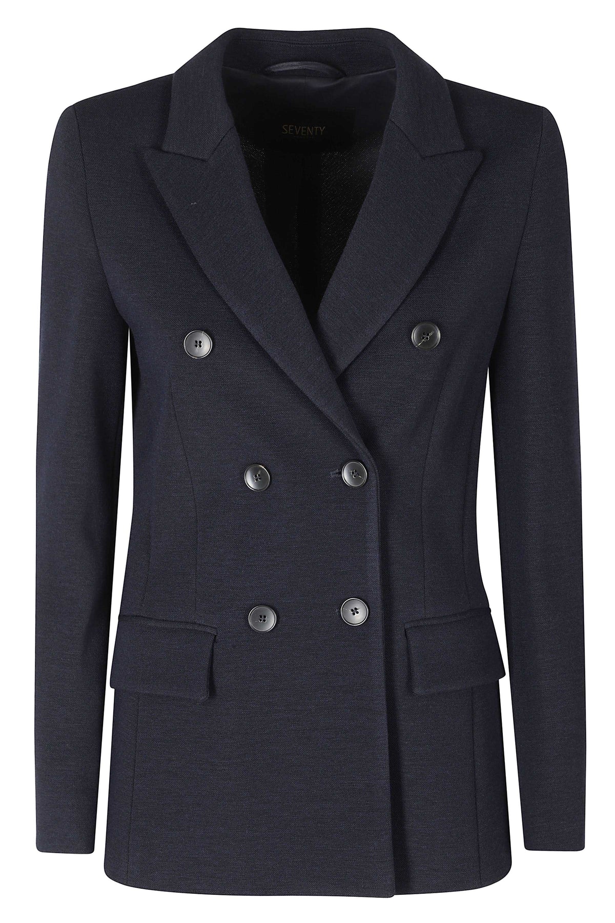 Blue Structured Double-Breasted Stretch Knit Jacket