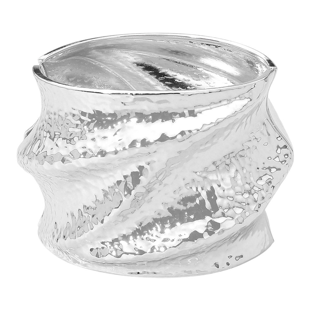 Wide Hammered Metal Abstract Hinged Bangle Bracelet