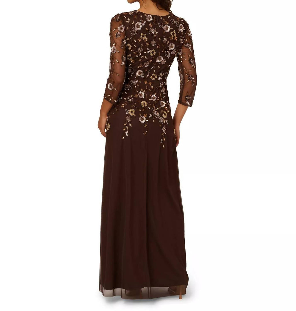 Crew Neck Floor-Length Mesh Formal A-Line Gown In Chocolate