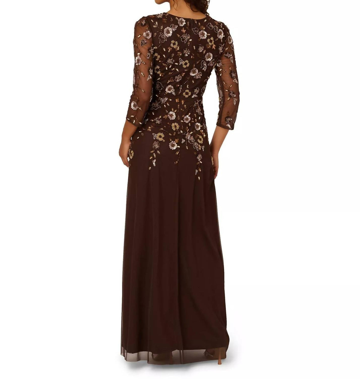 Crew Neck Floor-Length Mesh Formal A-Line Gown In Chocolate