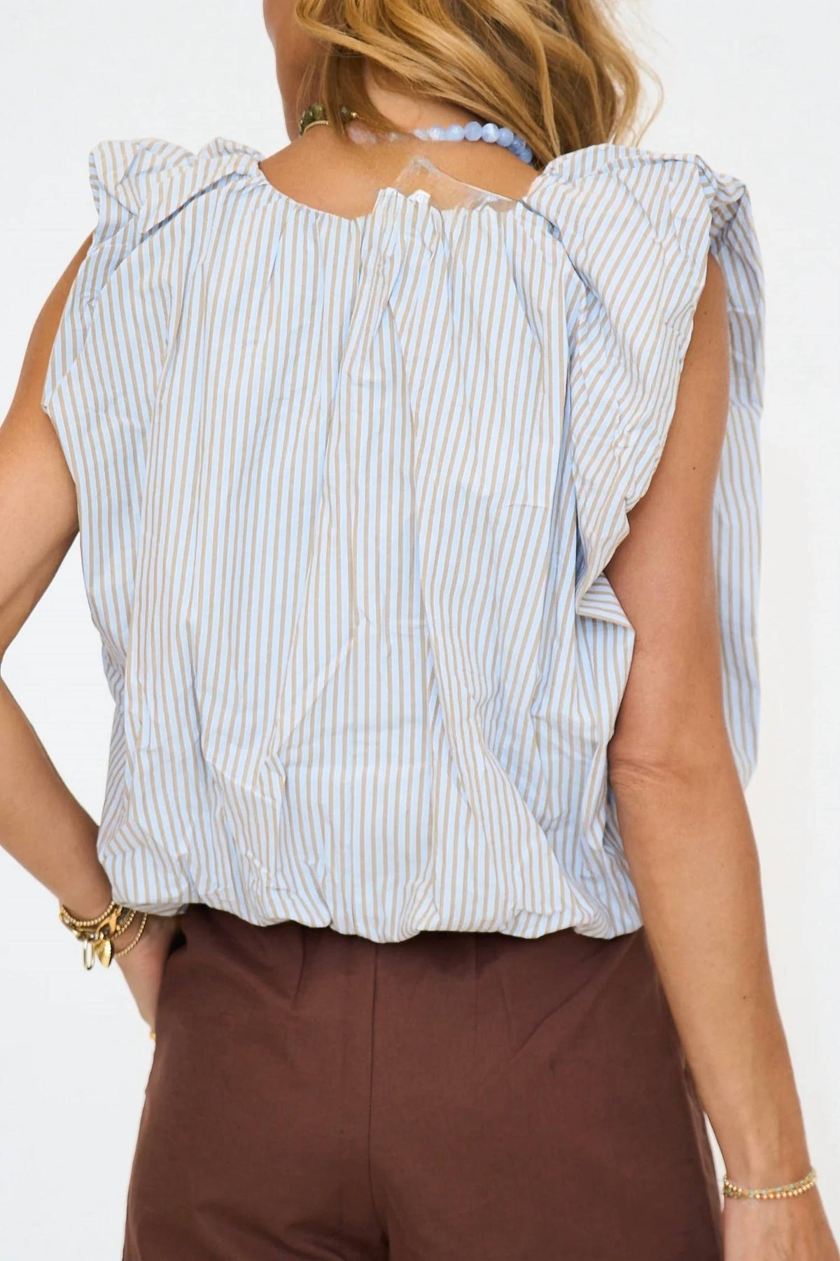 Poplin V-Neck Bubble Top In Earthy Blue Stripe