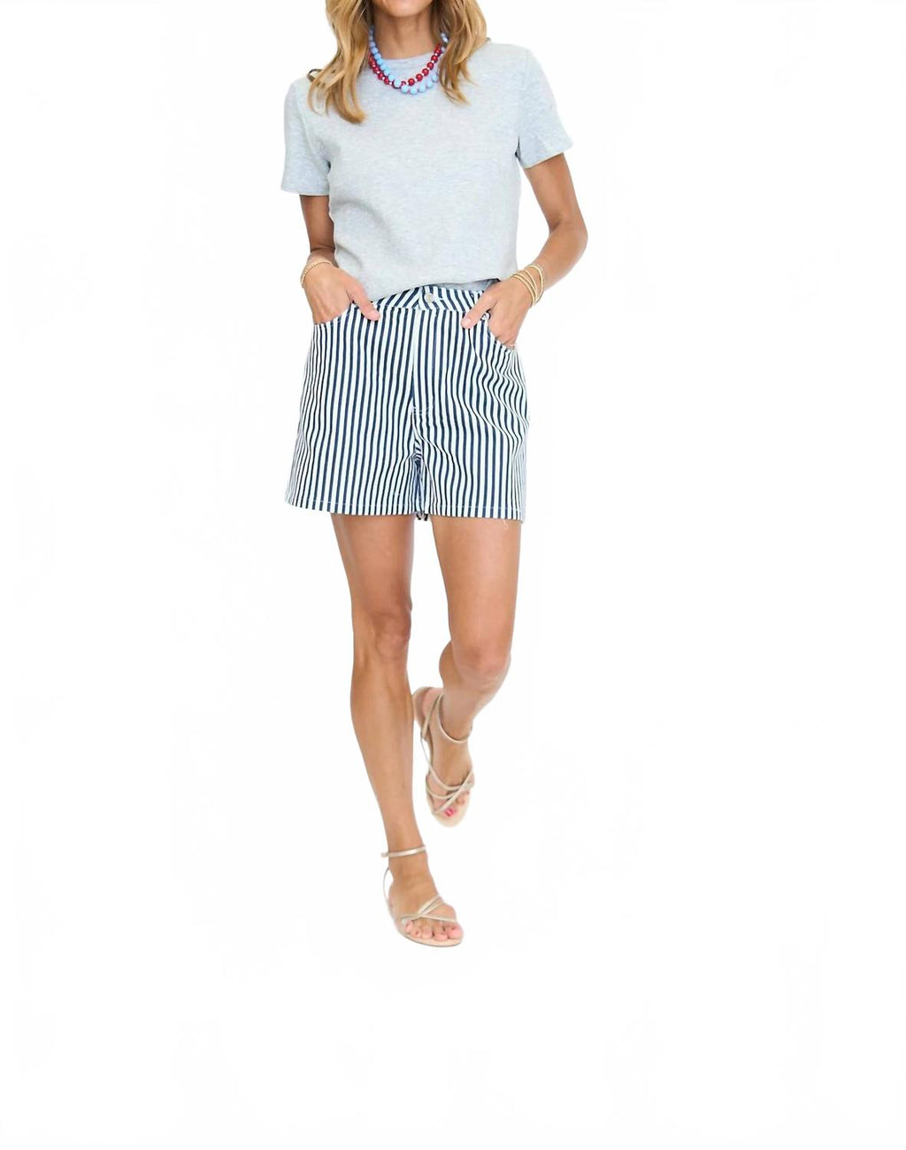 Striped High Waisted Shorts In Navy