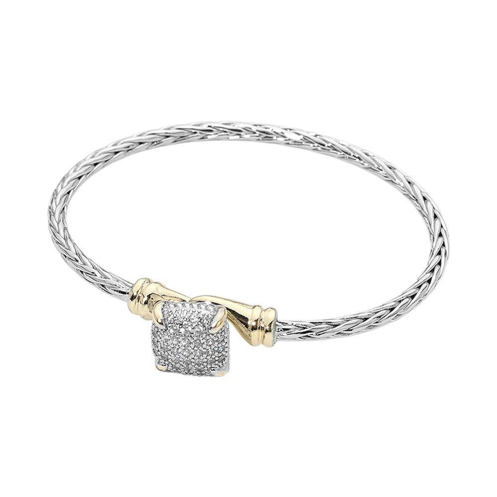 14K Gold Plated CZ Pave Square Accent Braided Bracelet