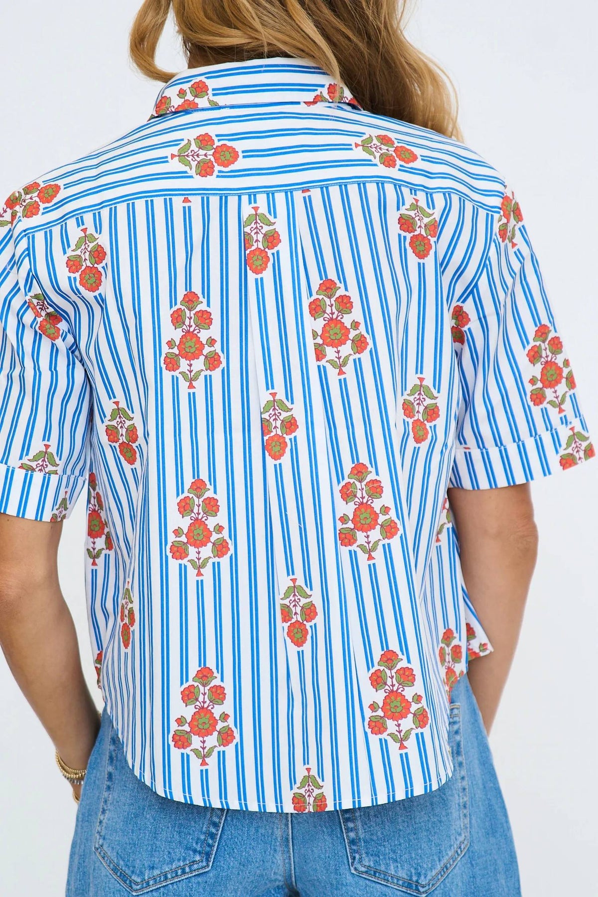 Stripe Floral Pocket Camp Top In Blue