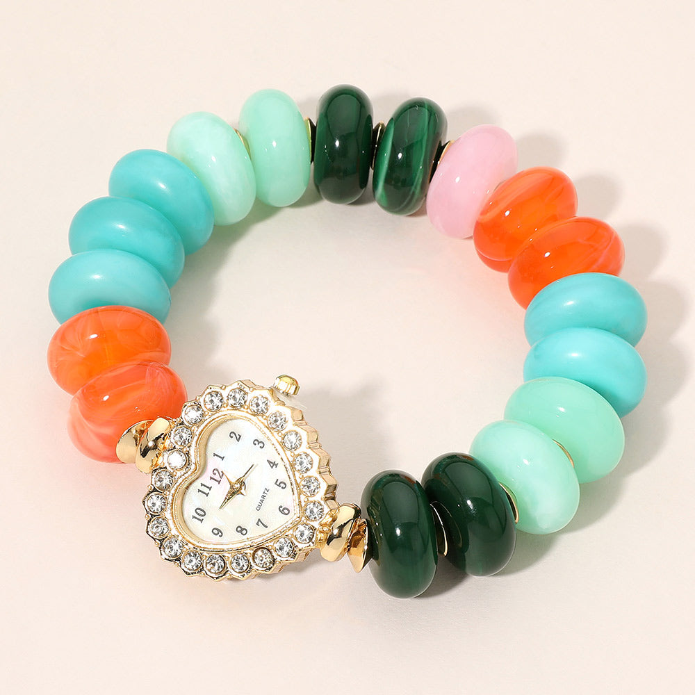 Heart Shape Dial Watch Flat Beaded Stretch Bracelet