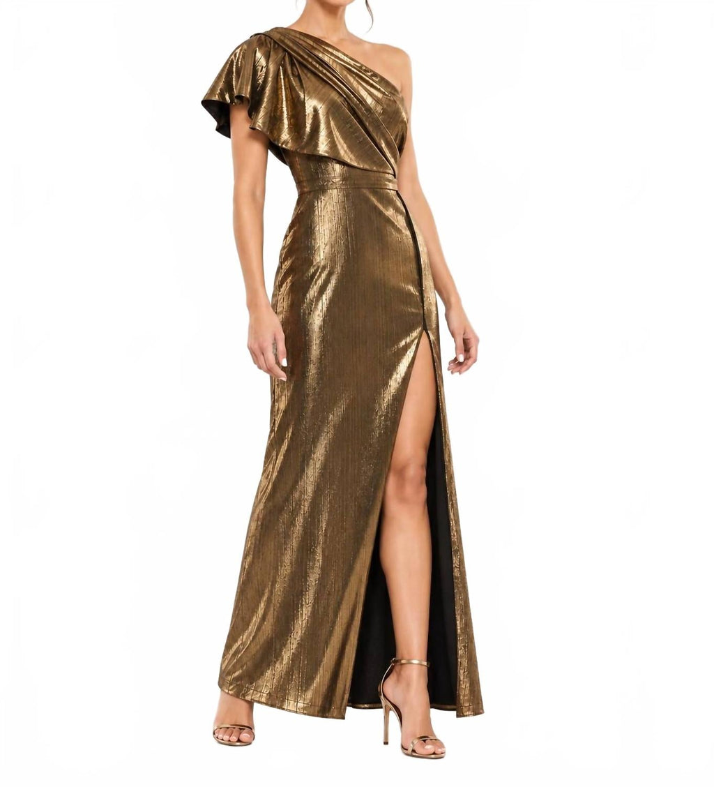 One Shoulder Shimmer Slit Gown In Copper