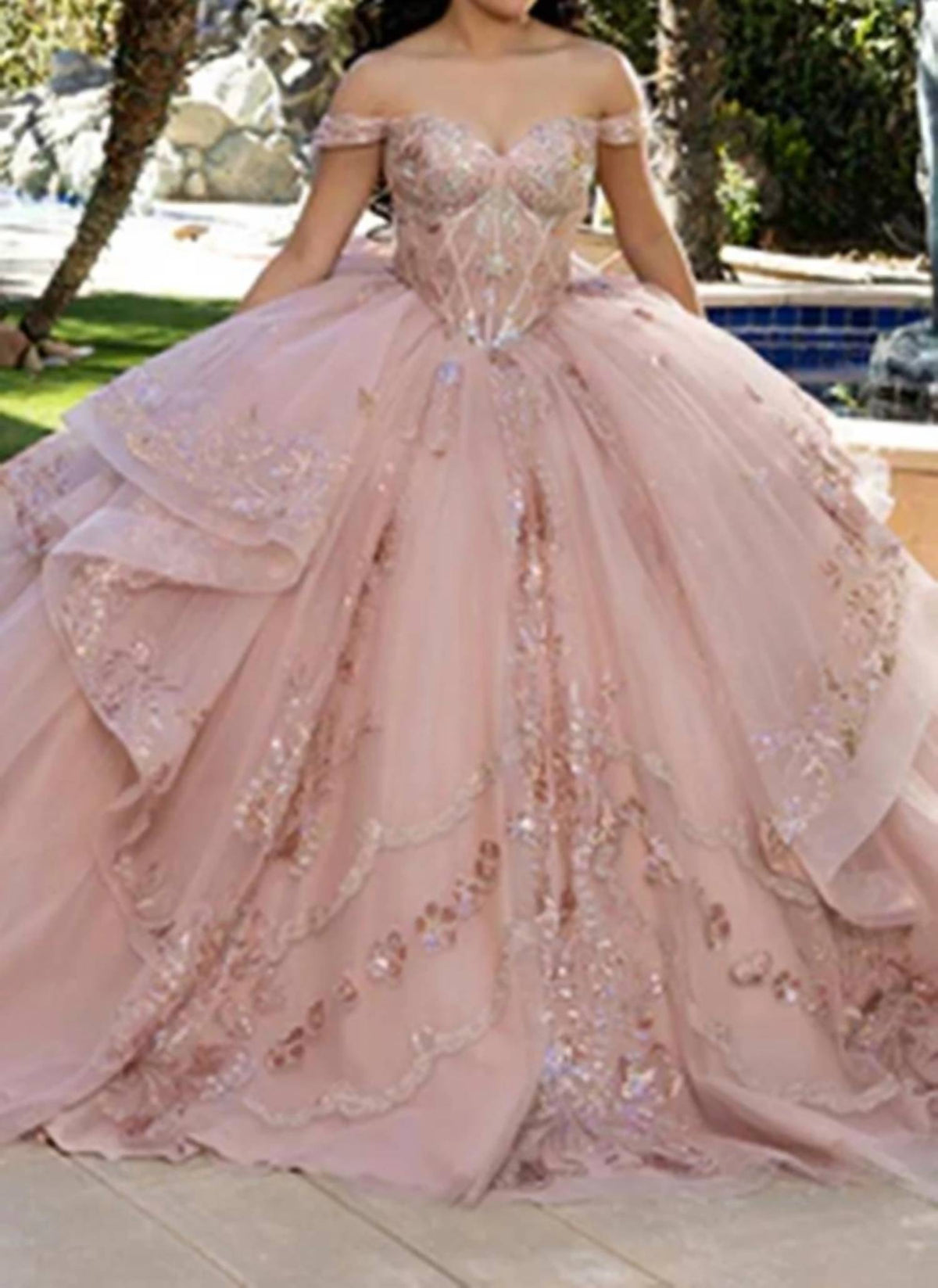 Layered Lace Off Shoulder Gown In Rosegold