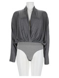 Draped Grey V-Neck Viscose-Blend Bodysuit