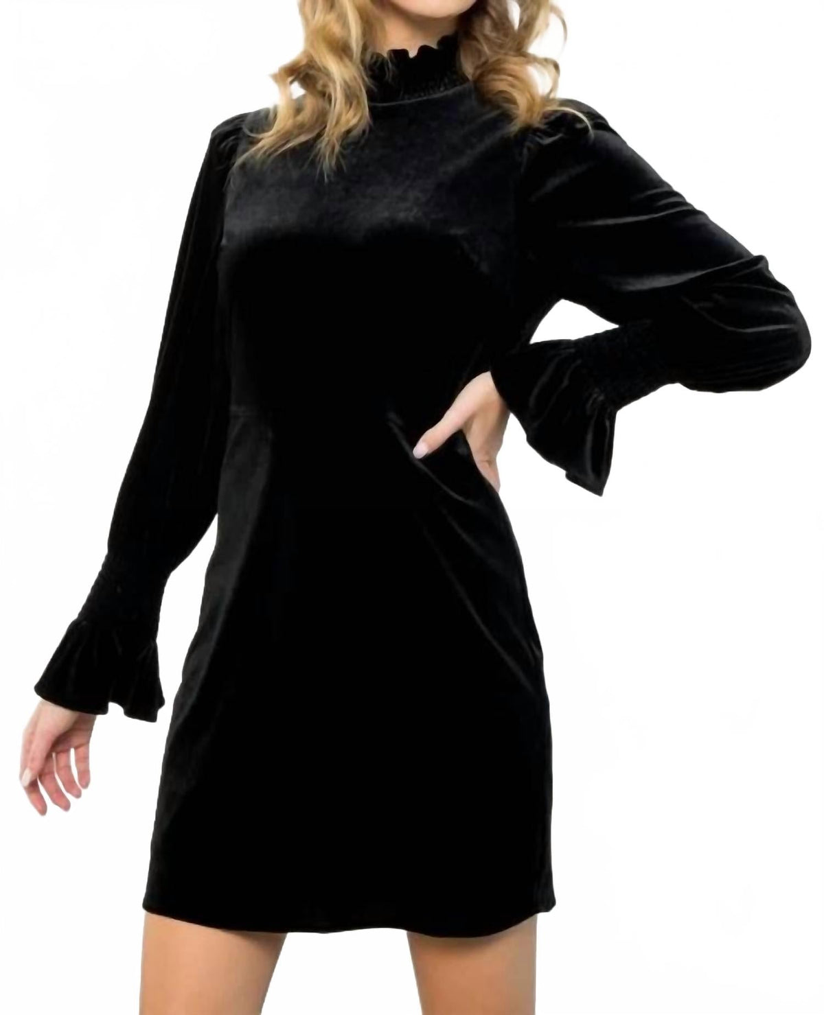 Mock Neck Velvet Dress In Black