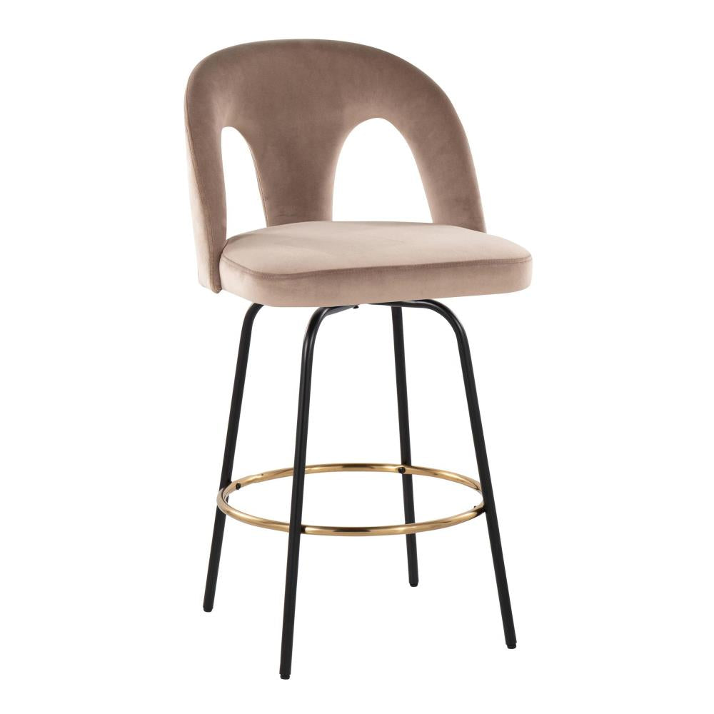 Fixed-Height Counter Stool with Swivel in Black Metal and Taupe Velvet with Round Gold Metal Footrest - Set of 2