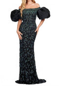 Puff Sleeve Beaded Prom Dress In Nebula Green/black