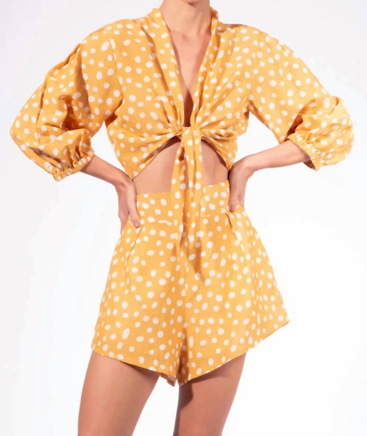 High-Waist Polka Dot Shorts In Cashew Yellow