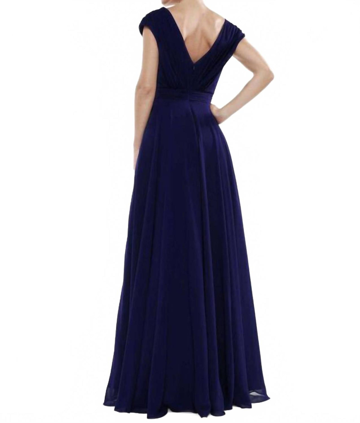 Gathered V-Neck Off Shoulder A-Line Gown In Navy