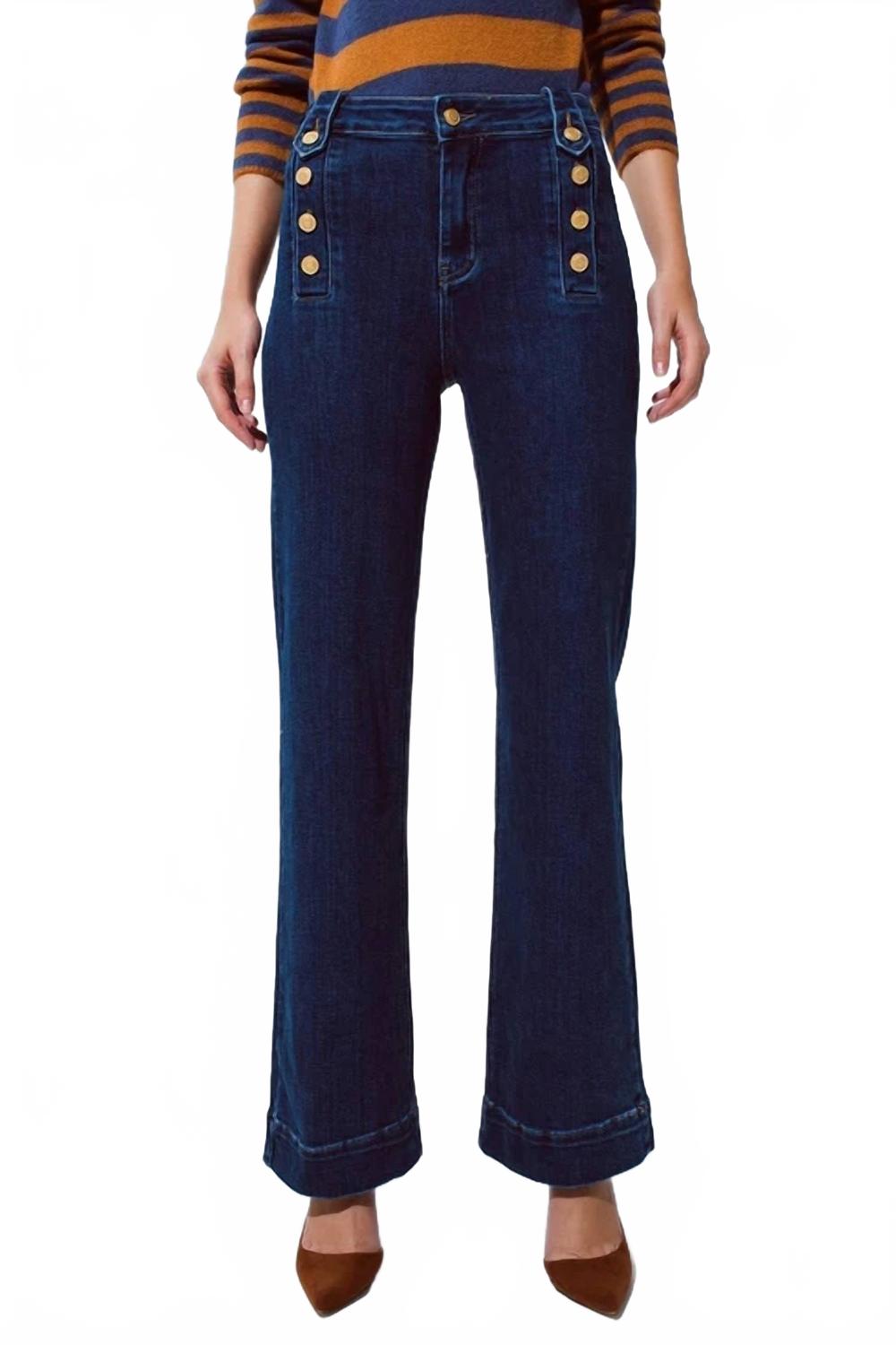 Marine Flare Jeans With Button Detailing In Mid Wash