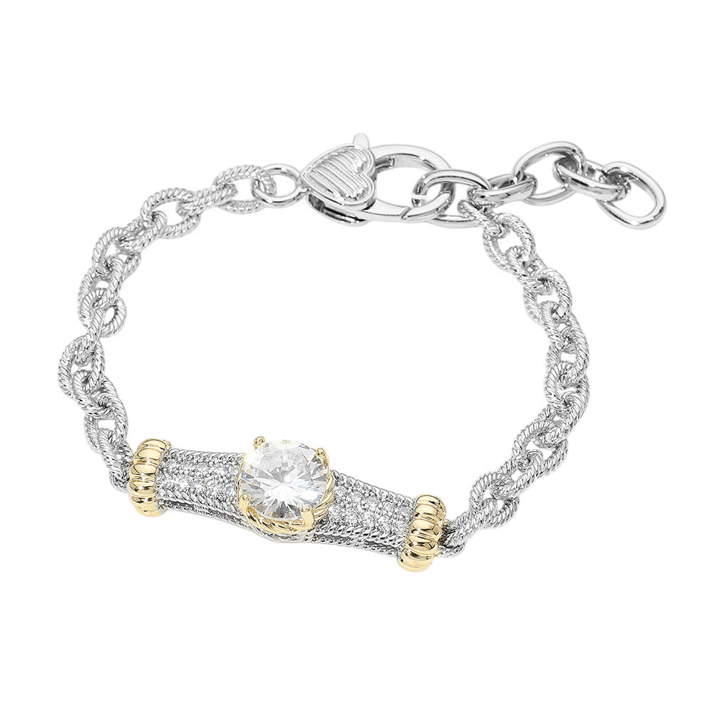 14K Gold Plated Two Tone Round CZ Stone Center Bar Accent Chain Bracelet