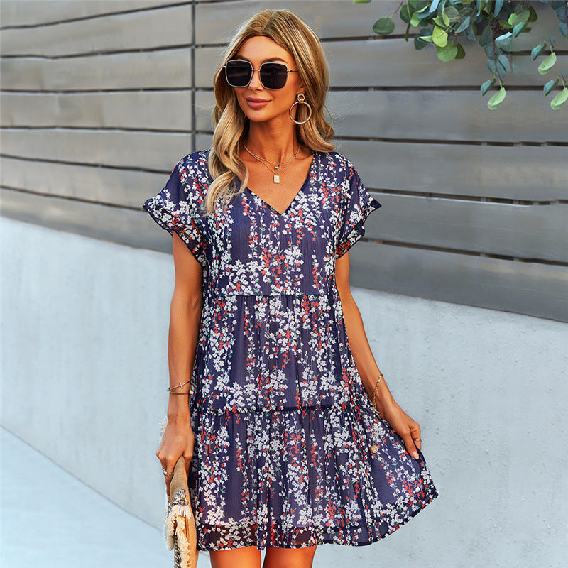 Women Ruffle Loose Short Dress Navy