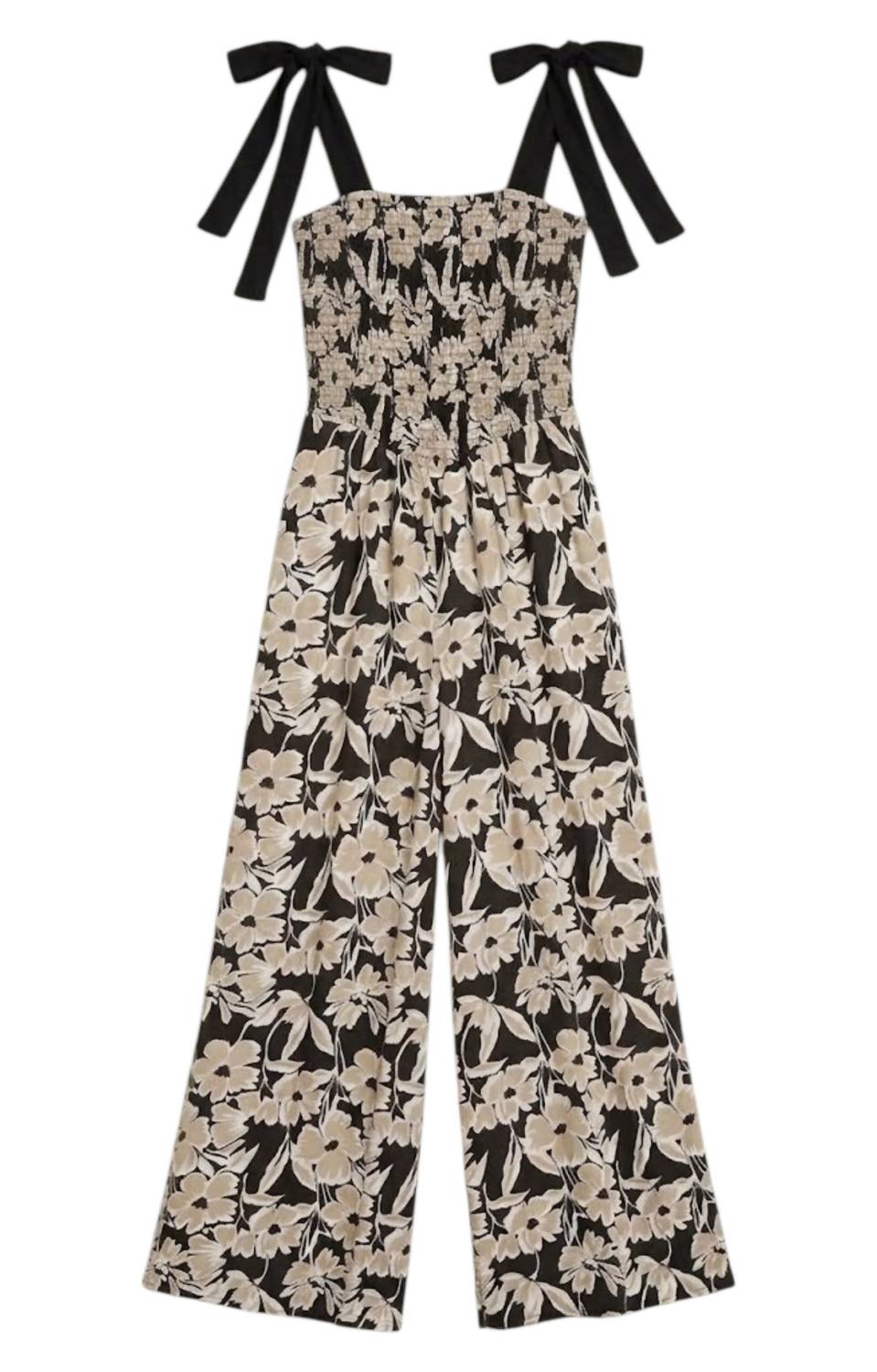 Women's Floral Print Square Tie Strap Wide Leg Jumpsuit In Black Multi