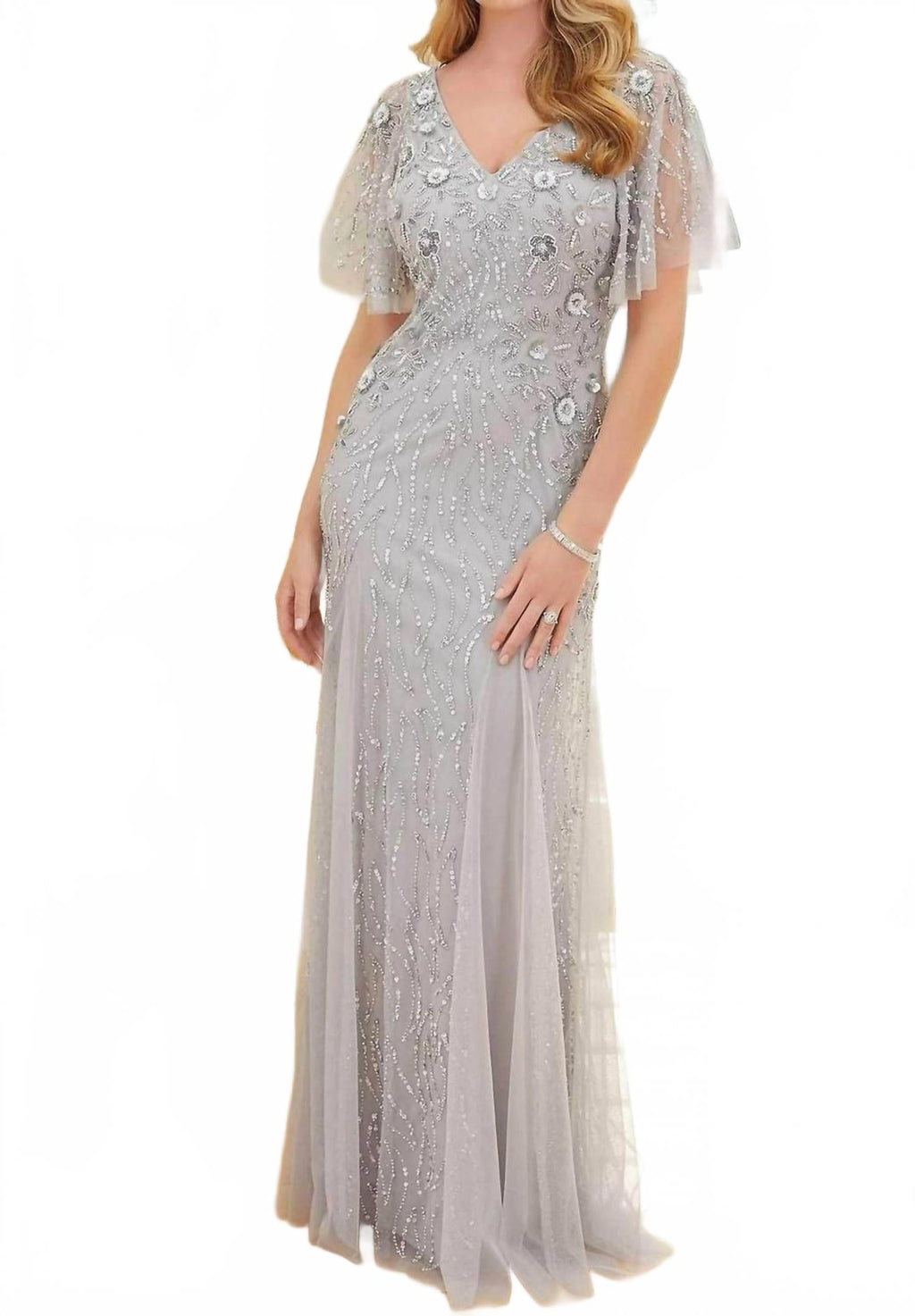Beaded Short Sleeve Evening Maxi Dress In Silver