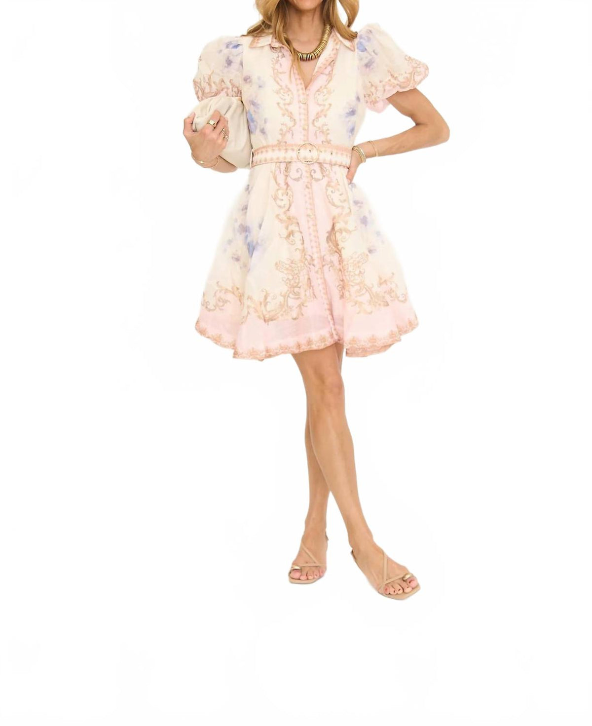 Short Sleeve Button Down Belted Mini Dress In Baby Pink