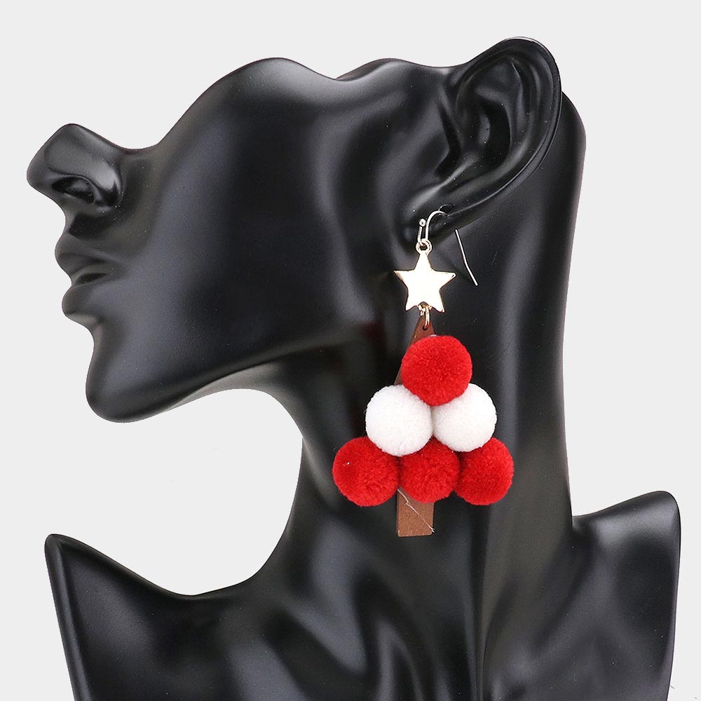 Pom Pom Christmas Tree Dangle Earrings