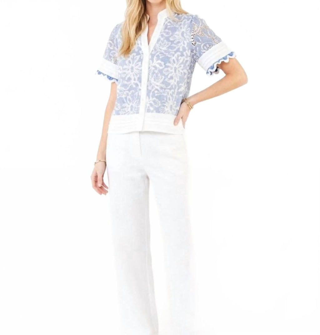 V-Neck Short Sleeve Ember Trim Blouse In Blue