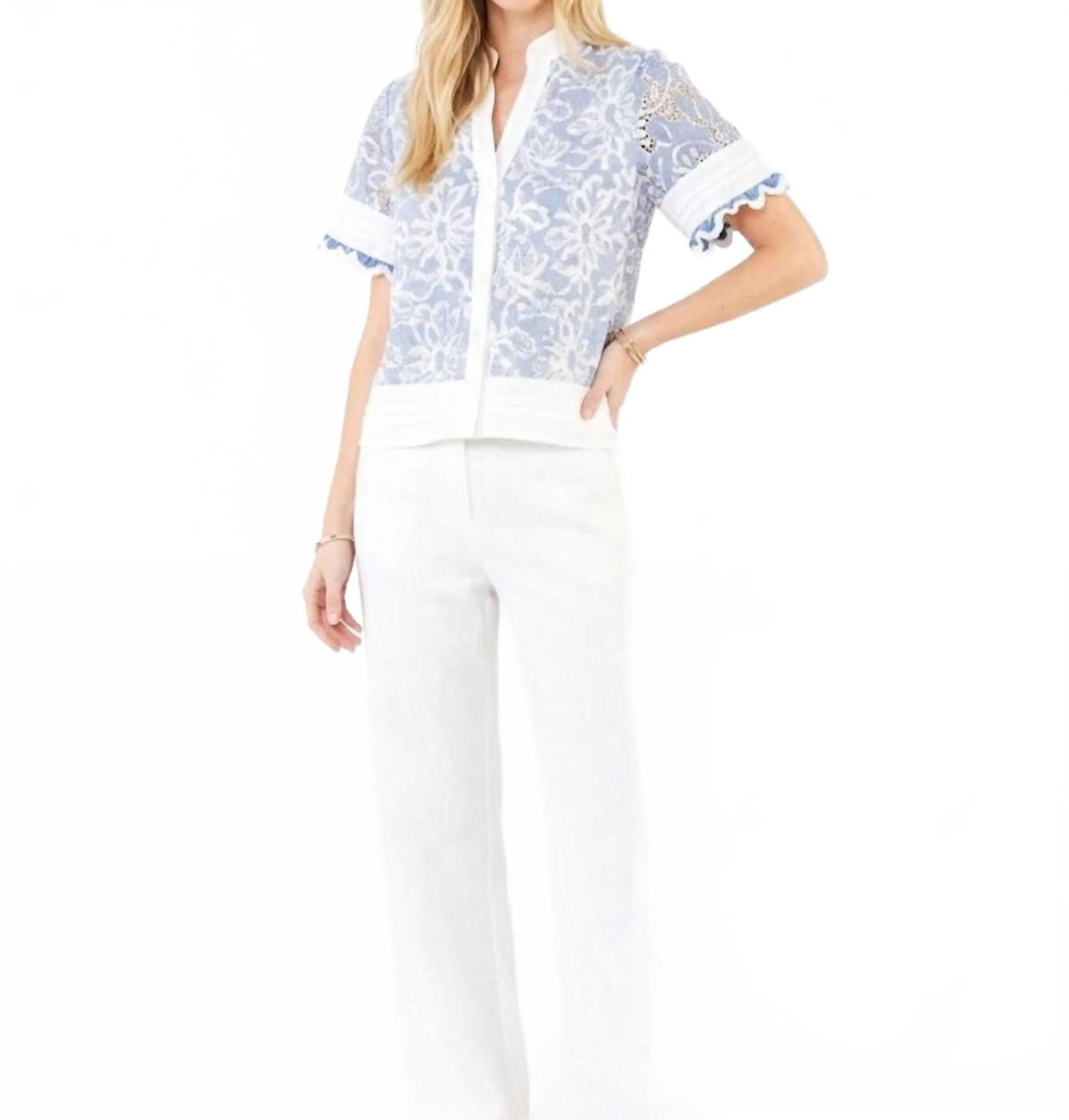 V-Neck Short Sleeve Ember Trim Blouse In Blue