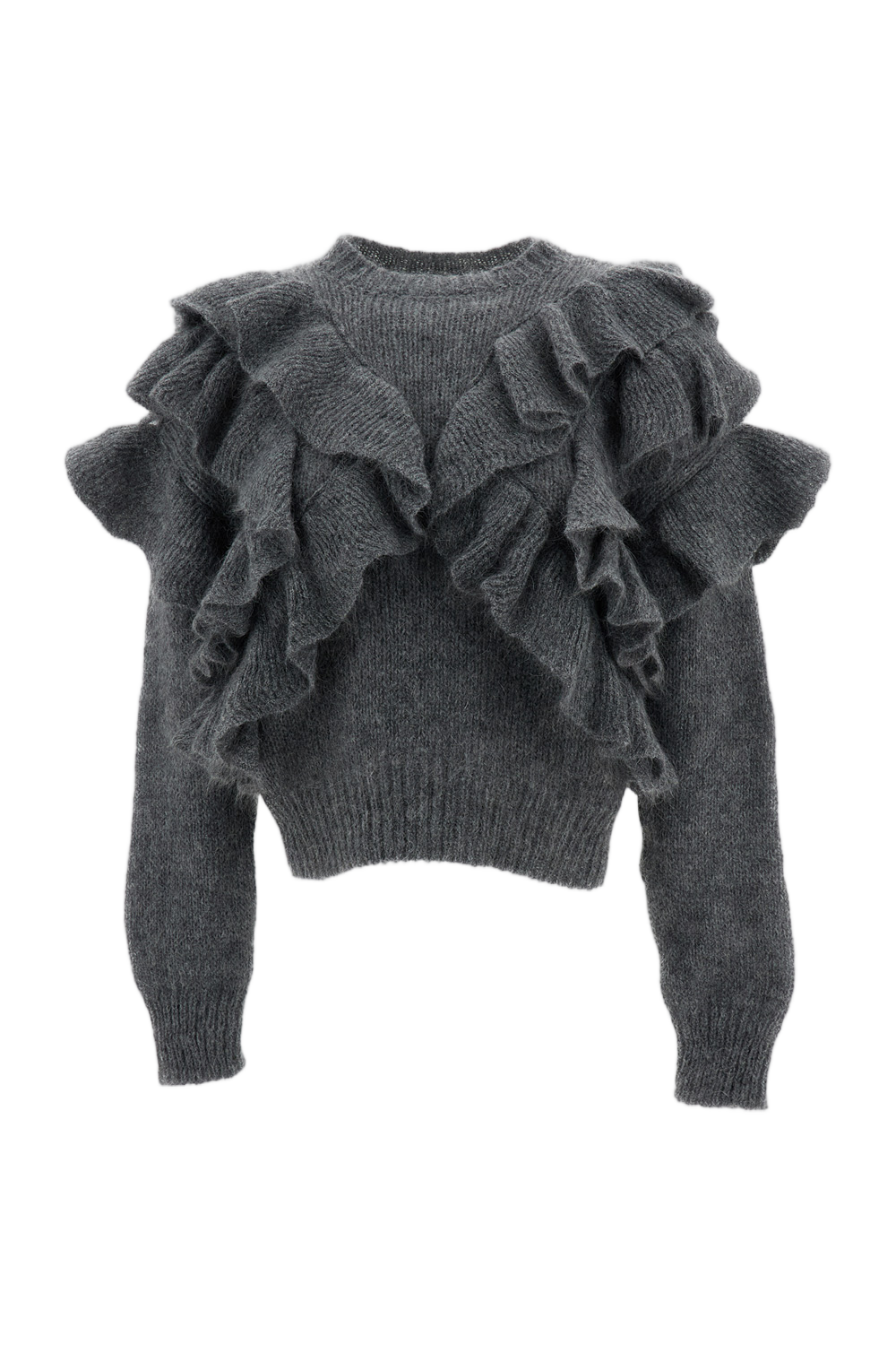 Grey Ruffled Wool-Mohair Cropped Sweater