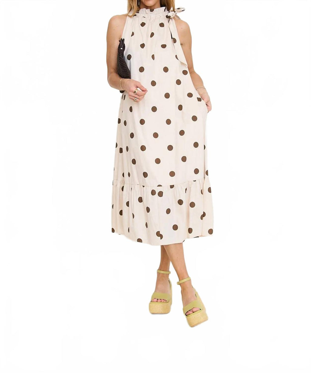 Ruffle Neck Tie Sleeveless Midi Dress In Brown
