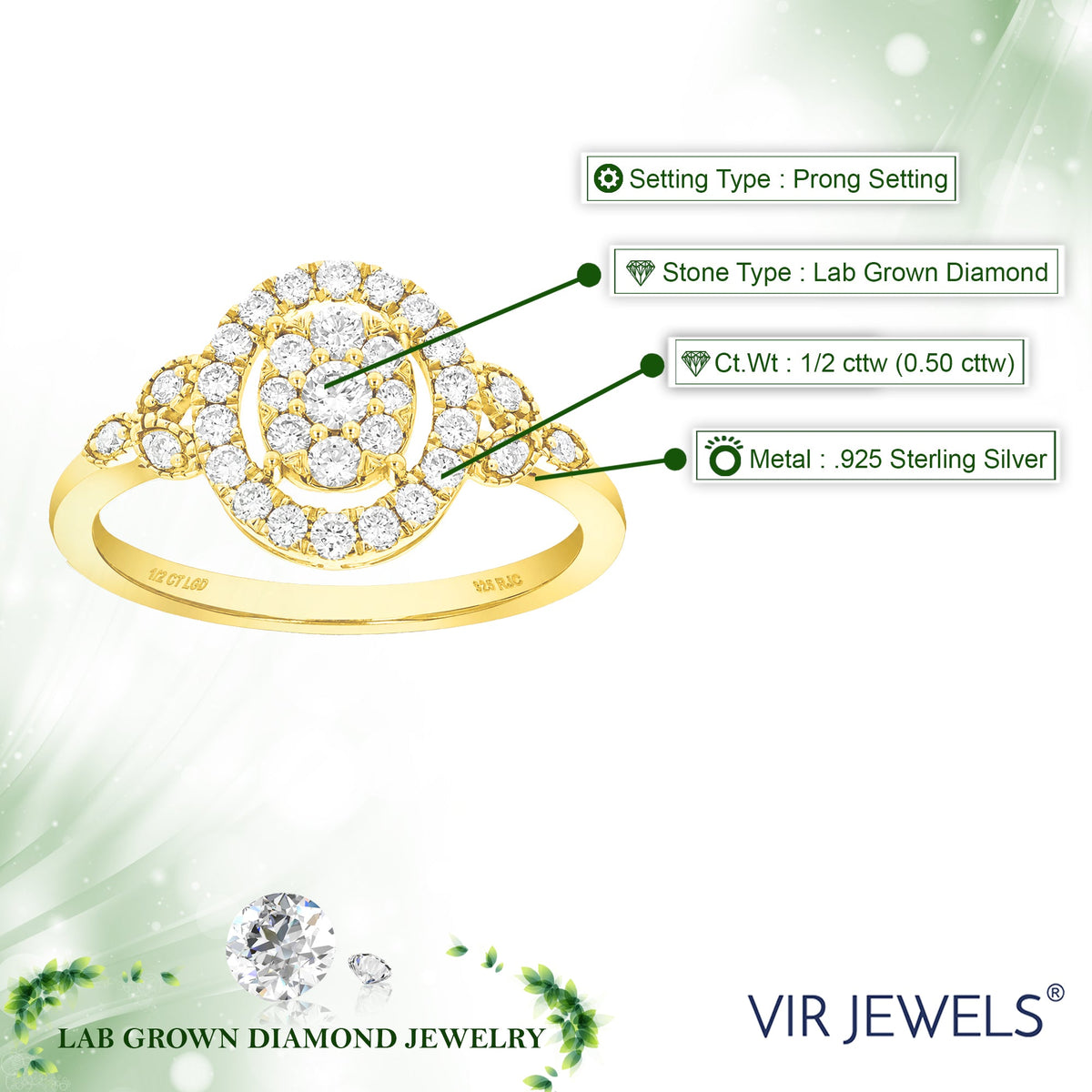 1/2 cttw Lab Grown Diamond Ring in Yellow Gold Plated Silver For Women