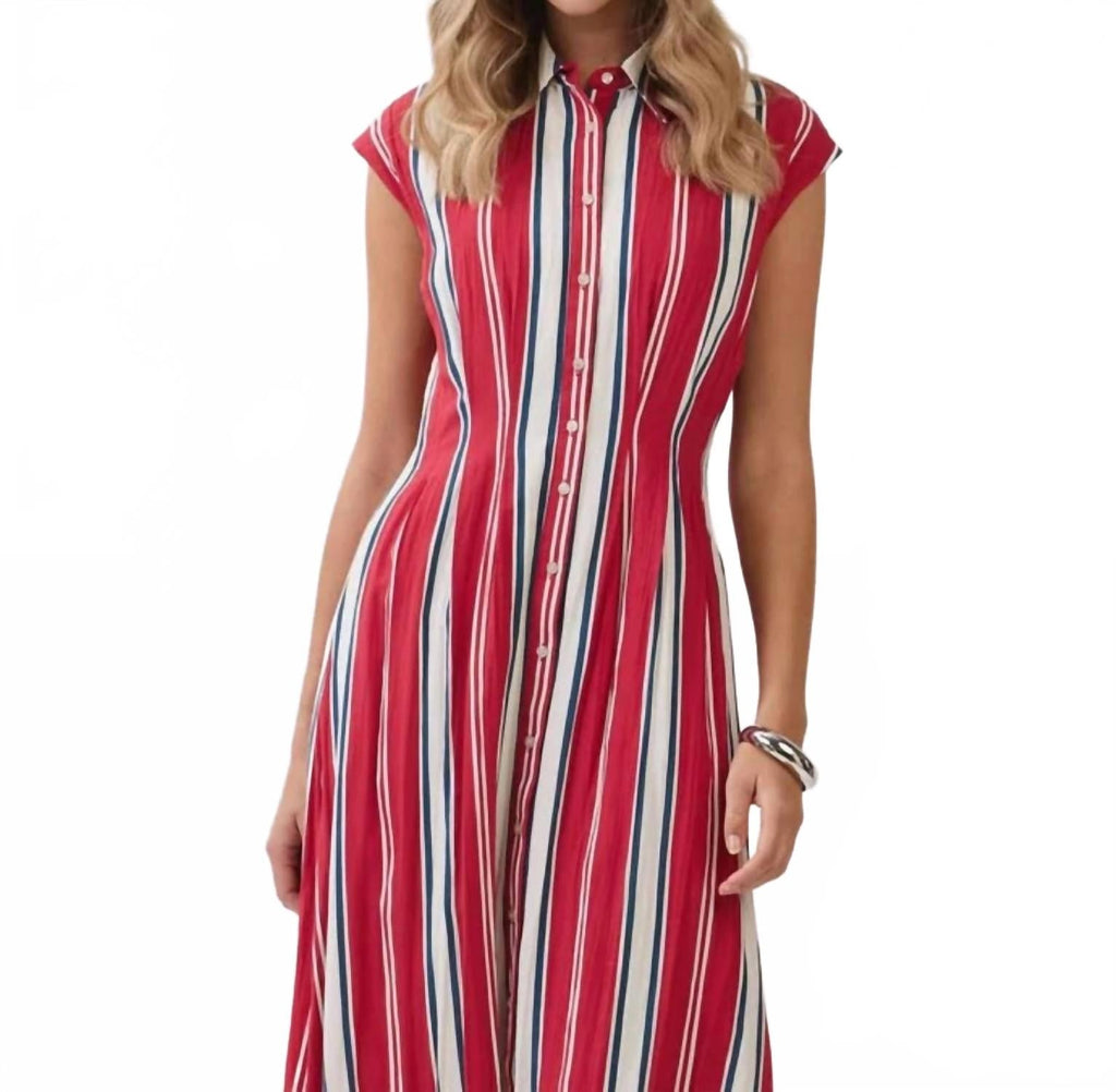Stripe Button Down Midi Dress In Red/blue/white